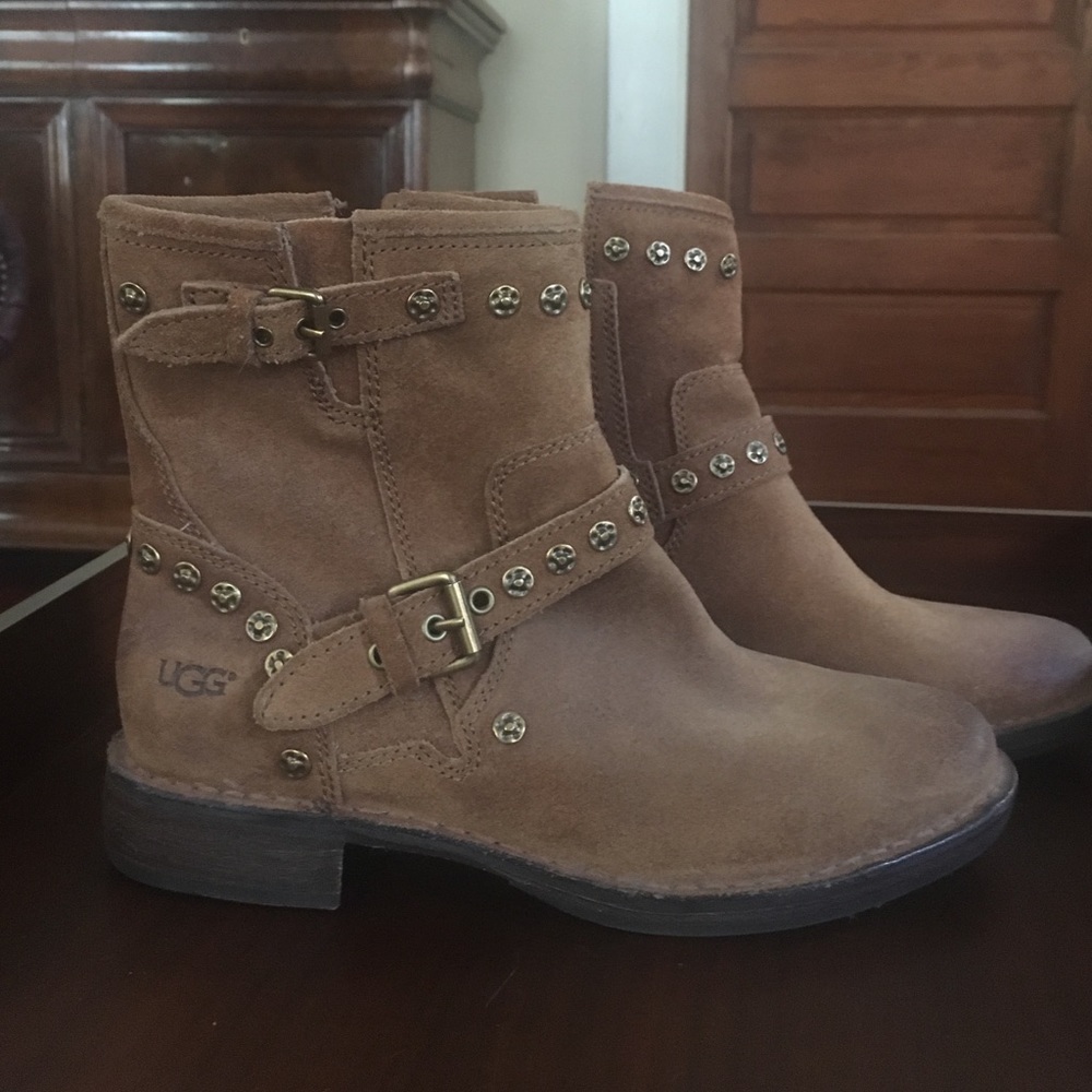 UGG Fabrizia gold studded suede Moto boots.